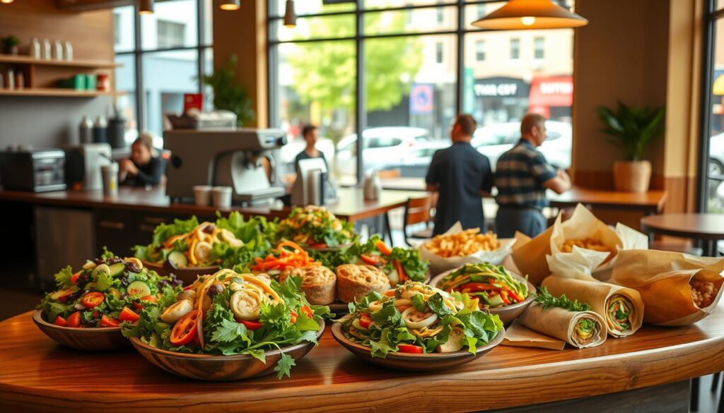 A well-lit, inviting Starbucks cafe interior, showcasing an array of fresh, appetizing vegetarian lunch options. In the foreground, a variety of salads, sandwiches, and wraps are artfully displayed on a wooden counter, featuring vibrant vegetables, wholesome grains, and tantalizing sauces. The middle ground features a barista station with a sleek espresso machine, creating a welcoming atmosphere. The background depicts large windows overlooking a bustling urban street, allowing natural light to flood the space and create a bright, airy ambiance. The overall scene conveys a sense of health, sustainability, and culinary delight, perfectly aligning with the &amp;amp;amp;amp;quot;Fresh and Vegetarian-Friendly Options&amp;amp;amp;amp;quot; section of the article.