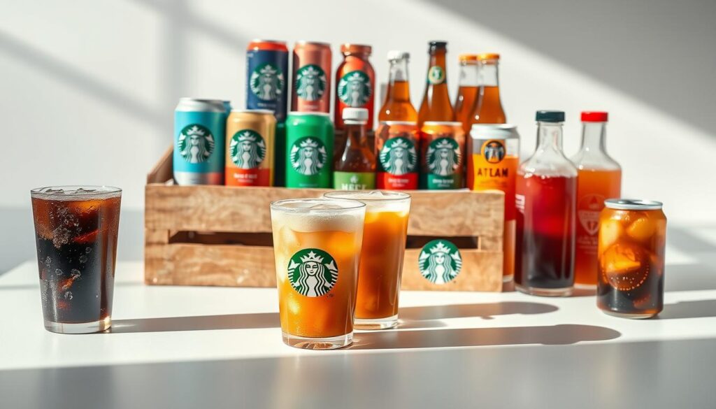Starbucks Cold Brew Variety: A vibrant still-life showcasing an assortment of Starbucks cold brew drinks. In the foreground, three different cold brew beverages are displayed on a minimalist white tabletop, their icy condensation reflecting the soft natural lighting. The middle ground features a sophisticated wooden crate filled with various Starbucks cold brew cans and bottles, hinting at the variety of flavors available. The background is a clean, bright, and airy studio setting, with a soft, diffused backdrop that allows the cold brew products to take center stage. The overall composition emphasizes the refreshing, high-quality, and diverse nature of Starbucks' cold brew offerings.