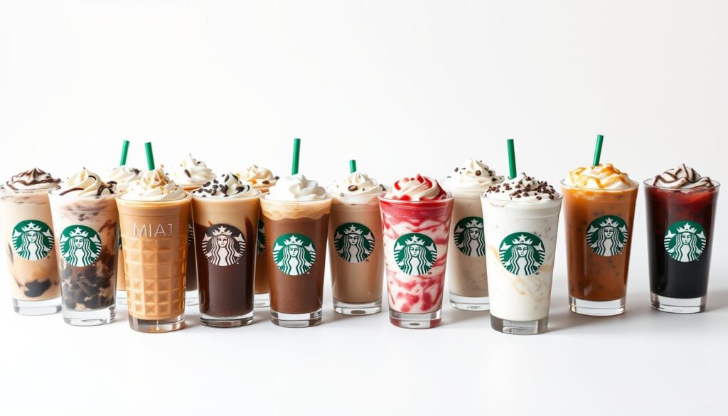 Starbucks Frappuccino Menu Varieties - a wide array of blended coffee drinks laid out on a clean white background, captured with a professional-grade camera lens. The beverages are presented in a sleek, minimalist style, each offering a distinct flavor profile and visual appeal. The lighting is soft and even, highlighting the vibrant colors and textures of the Frappuccinos. The composition is balanced, with the drinks arranged in a visually appealing grid or row, allowing the viewer to easily discern the menu options. The overall mood is one of sophistication, quality, and the irresistible allure of these signature Starbucks creations.