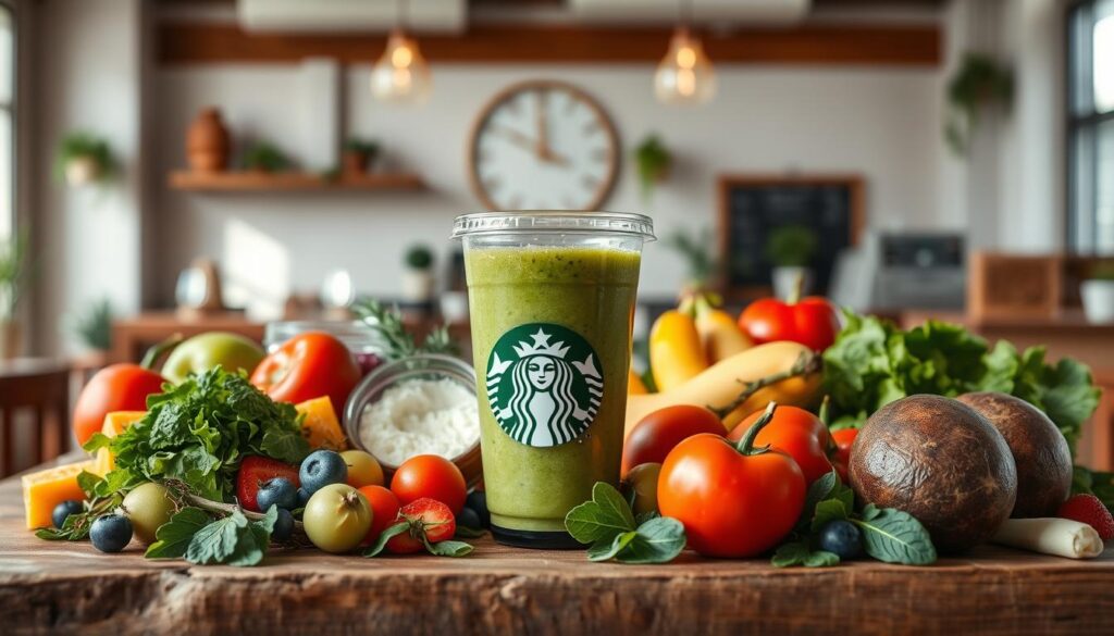 Starbucks Healthy Menu Options: A vibrant display of fresh, natural ingredients. In the foreground, an assortment of colorful fruits, vegetables, and lean protein options, arranged artfully on a wooden table. In the middle ground, a Starbucks cup filled with a refreshing green smoothie, its contents visible through the clear glass. The background features a warm, natural-lit setting, with clean, minimalist decor highlighting Starbucks' commitment to sustainability. The overall atmosphere is one of health, wellness, and conscious indulgence, inviting the viewer to explore Starbucks' selection of nutritious, guilt-free menu choices.