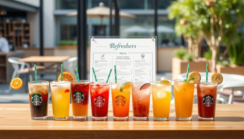 Starbucks Refreshers Drink Menu, showcased on a sleek, wooden countertop with a minimalist, modern aesthetic. In the foreground, an array of colorful Refresher beverages, each with a distinct hue and garnished with fresh fruit slices. The middle ground features a clean, uncluttered display of the Refreshers menu, with elegantly styled typography and icons. The background is a softly blurred, natural setting, perhaps an urban cafe or a serene outdoor patio, creating a calming, inviting atmosphere. The lighting is soft and natural, casting a warm glow over the scene. The overall composition is balanced, visually appealing, and effectively highlights the Refreshers drink selection.